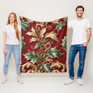 Couverture Polaire Gold Green Feuille Rouge Holiday Fleece Blanche