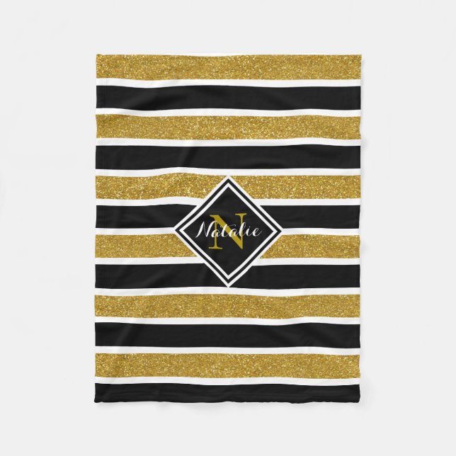Couverture Polaire Gold Parties scintillant B&W Stripes avec nom et m (Devant)