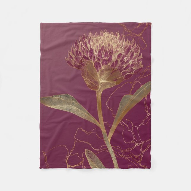 Couverture Polaire Gold Protea Flower Burgundy Botanical Linework (Devant)