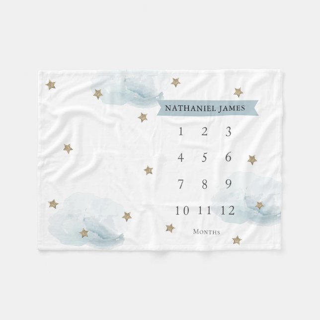 Couverture Polaire Gold Stars & Nuages Blue Boy Mensuel Milestone (Devant (Horizontal))