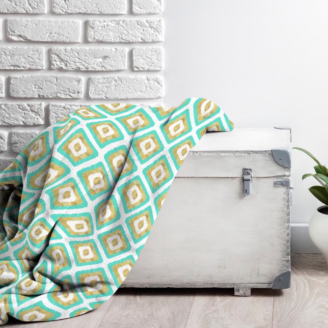 Couverture Polaire Gold & Turquoise Chic Ikat Motif (Turquoise and Gold Ikat Pattern Throw Blanket)