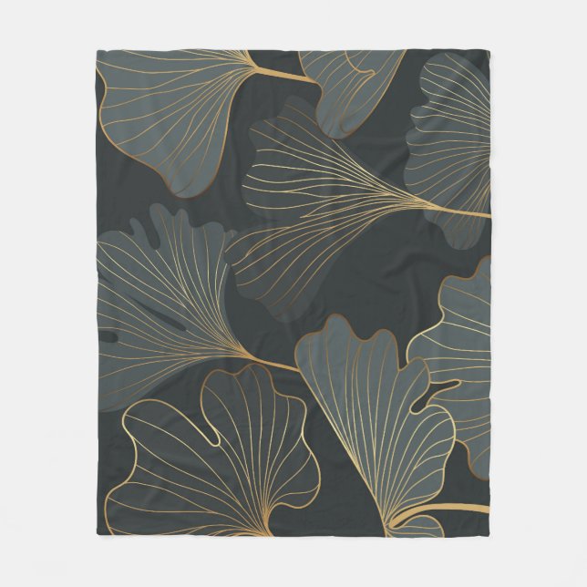 Couverture Polaire Golden Ginkgo : Luxueux Déco Floral. (Devant)
