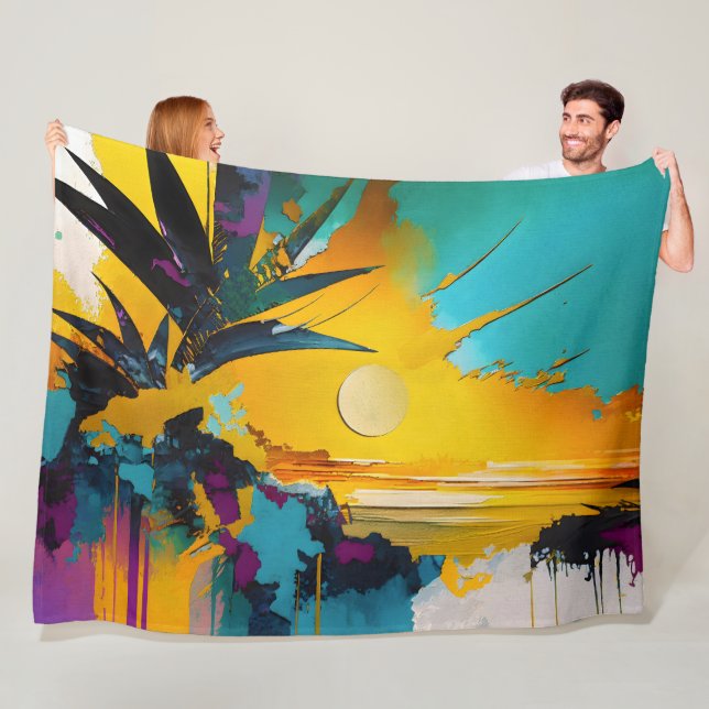 Couverture Polaire Golden Horizon – Abstract Tropical Sunset (En situation)