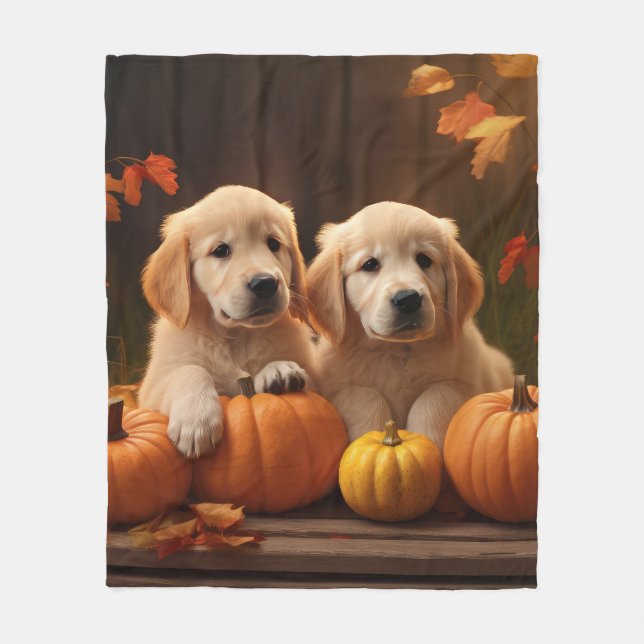 Couverture Polaire Golden Retriever Puppy Automne Citrouille de plais (Devant)