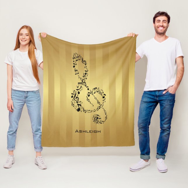 Couverture Polaire Golden Stripes Black Treble Clef Notes musicales (En situation)