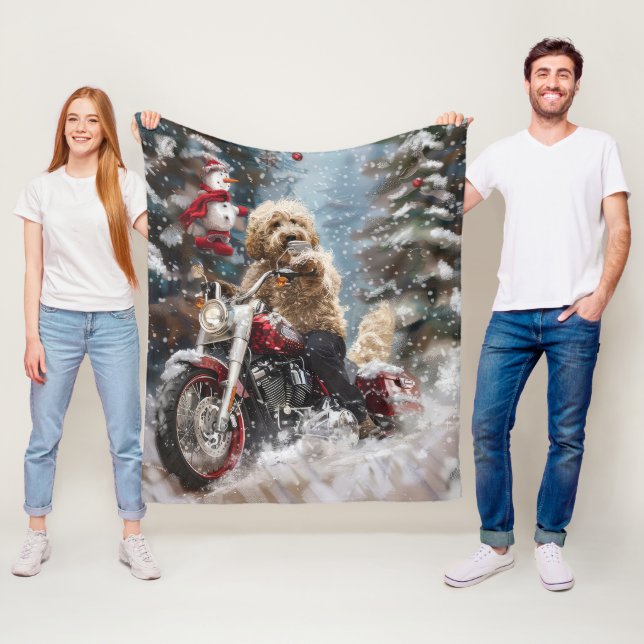 Couverture Polaire Goldendoodle Chien équitation Moto Noël (En situation)