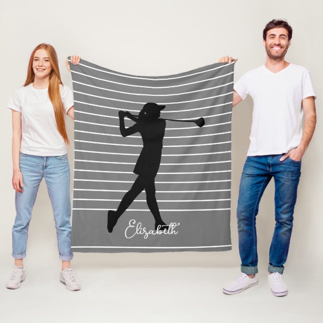 Couverture Polaire Golfer Silhouette Femme Monogramme Nom gris noir (En situation)