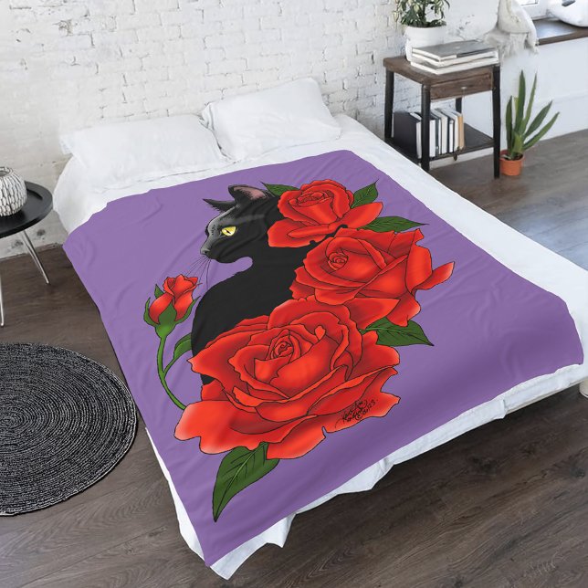Couverture Polaire Gothique Chat Noir Roses Rouges Violet (Créateur téléchargé)