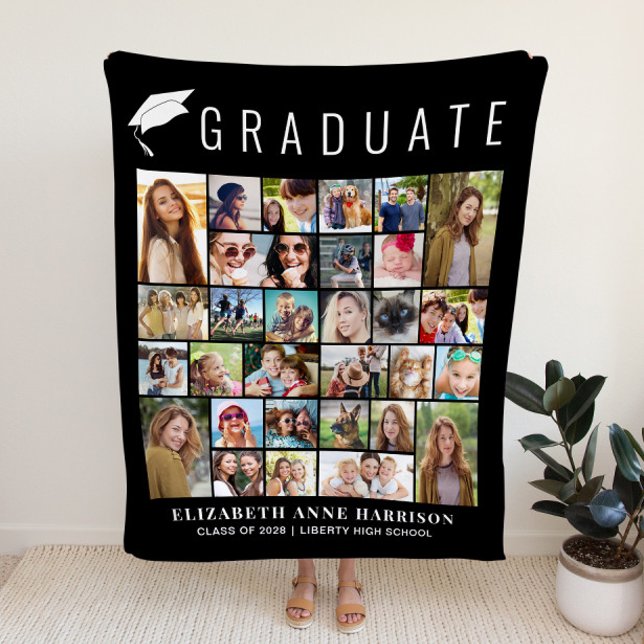 Couverture Polaire Graduation Photo Collage Black (Graduation Photo Collage Black Fleece Blanket)
