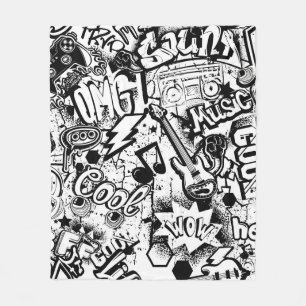 Couverture Polaire Graffiti Abstrait en noir et blanc