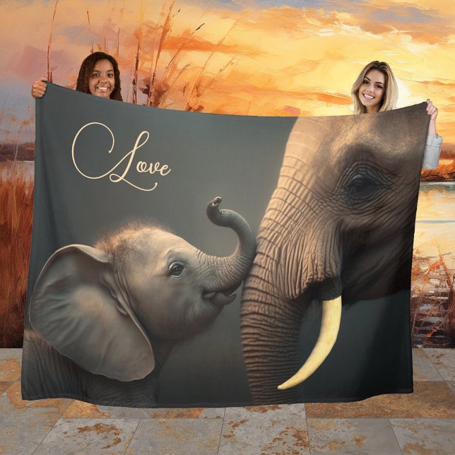 Couverture Polaire Grand bébé Eléphant mignon amour (Fleece blanket featuring a heartwarming image of a mother and baby elephant with your custom text.)