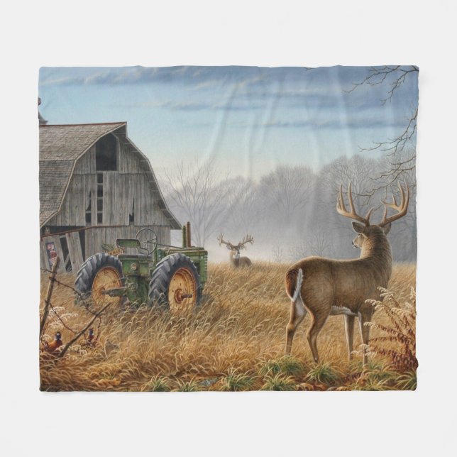 Couverture Polaire Grand Cerf Buck Affrontement à la Ferme (Devant (Horizontal))