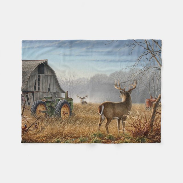 Couverture Polaire Grand Cerf Buck Affrontement à la Ferme (Devant (Horizontal))