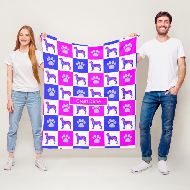 Couverture Polaire Grand chien Danois & Paw Hot rose et bleu (En situation)