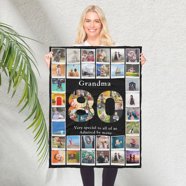 Couverture Polaire Grand-mère 80e anniversaire Modèle photo (Personalized 80th birthday fleece blanket for grandmother with photo collage template.)