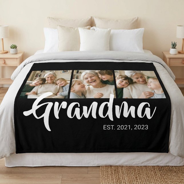 Couverture Polaire Grand-mère a établi un script élégant noir 3 Photo (Grandma Established Elegant Script Black 3 Photo Fleece Blanket)