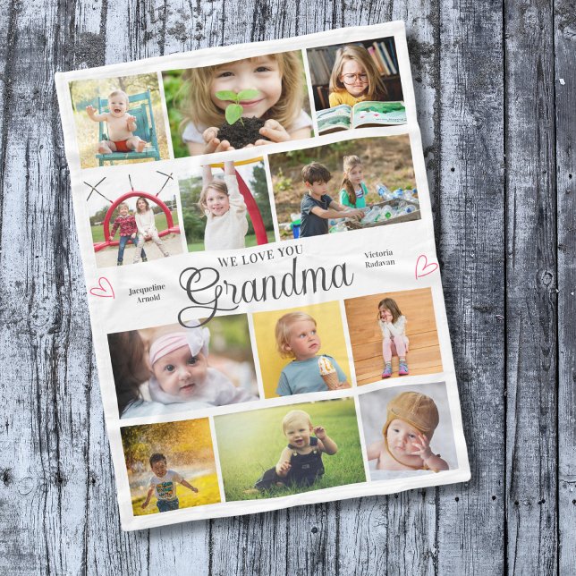 Couverture Polaire Grand-mère Nous Vous Aimons Coeurs Personnalisés (Personalized Grandma we love you fleece blanket with 12 photos and custom text)
