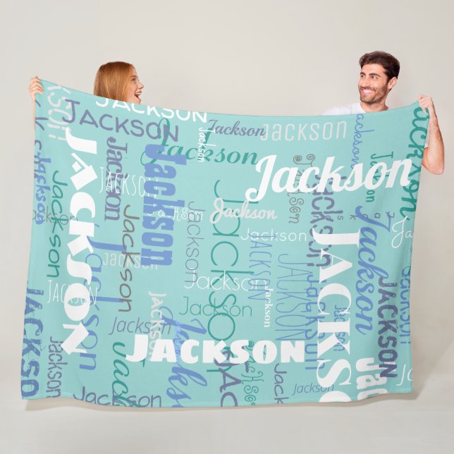 Couverture Polaire Grand Nom Graffiti Motif Typographie Bleu Turquois (En situation)