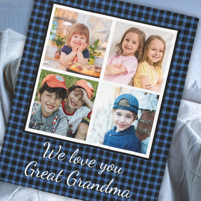 Couverture Polaire Grande grand-mère Bleu Buffle Plaid 4 Photo Collag (Personalized great grandma blanket with 4 photo template -holiday blue buffalo plaid blanket)