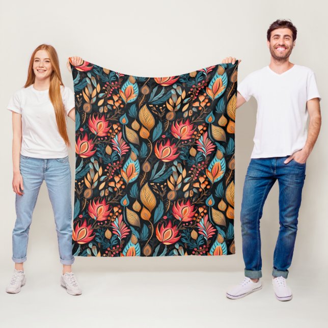 Couverture Polaire Grande impression florale d'automne, art folkloriq (En situation)