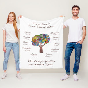 Couverture Polaire Grandma Arbre floral, Brown sur Blanc 10 Noms/Date