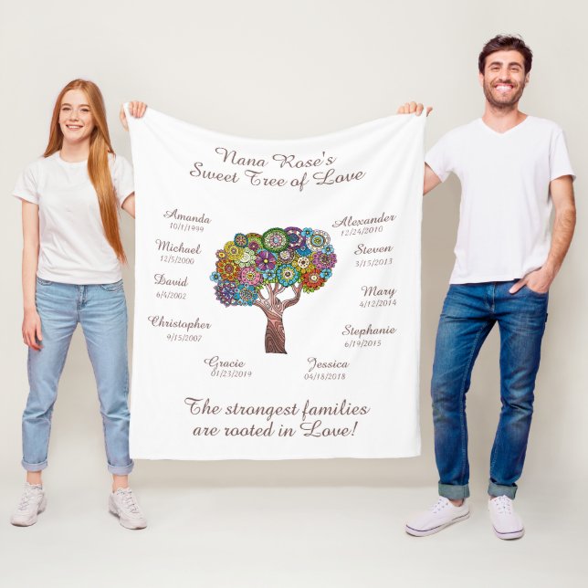 Couverture Polaire Grandma Arbre floral, Brown sur Blanc 10 Noms/Date (En situation)