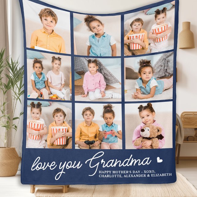 Couverture Polaire Grandma Custom Modern Navy Blue 9 Photo Collage (Créateur téléchargé)
