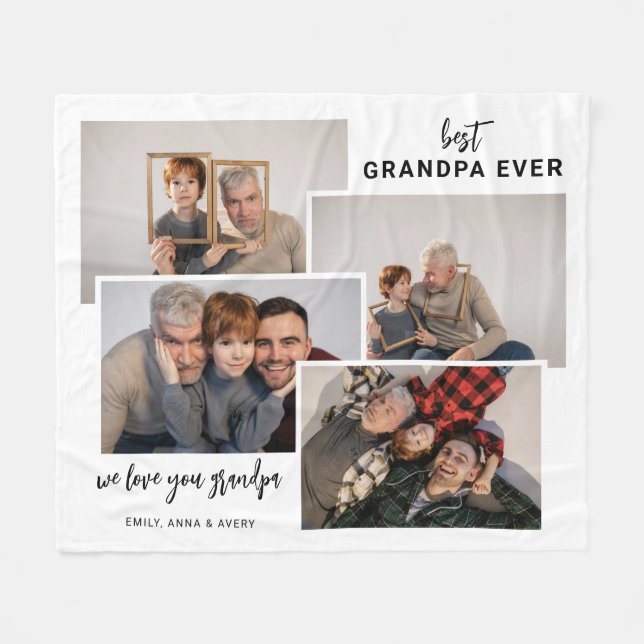 Couverture Polaire Grandpa photo personnalisées 4 carreaux Blanche po (Devant (Horizontal))