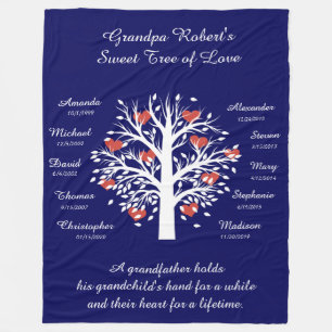 Couverture Polaire Grandpa Tree (coeurs), Blanc/Bleu 10 Noms et Dates