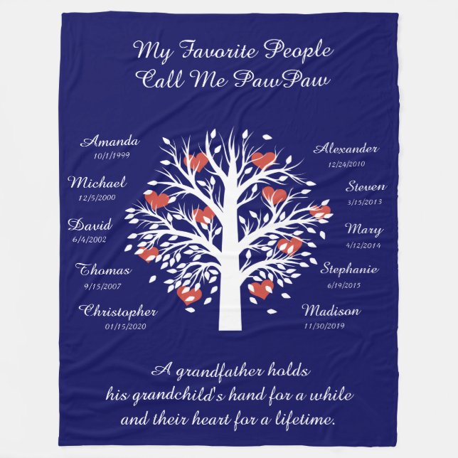 Couverture Polaire Grandpa Tree (coeurs), White/Blue 10 Names & Dates (Devant)