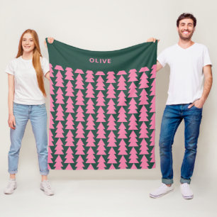 Couverture Polaire Graphique d'arbre de Noël vert rose moderne