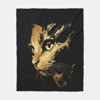 Couverture Polaire Graphique Élégant Chat Noir et Or Texturé