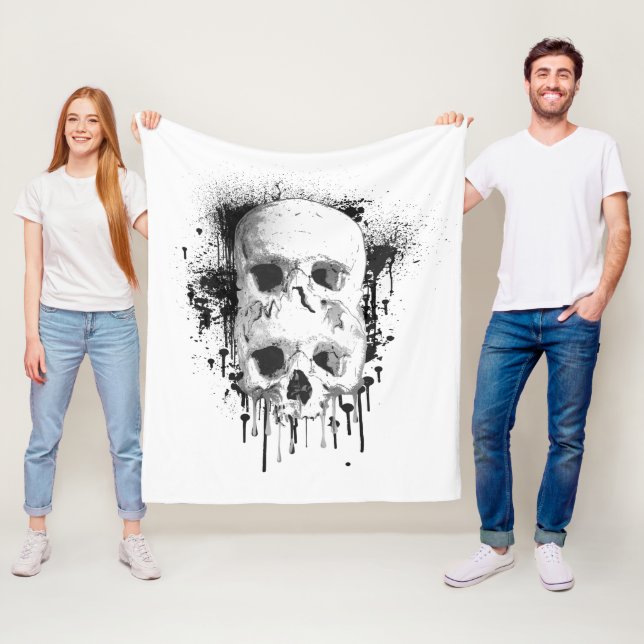 Couverture Polaire Graphisme de tache d'encre noire Skull Drip (En situation)