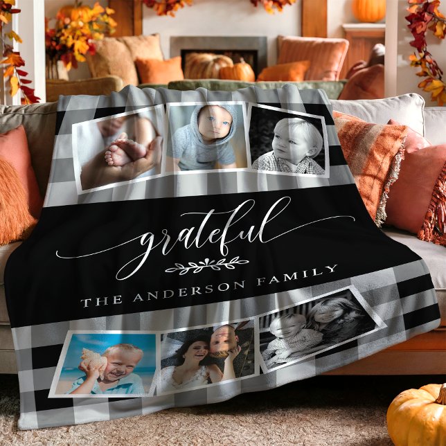 Couverture Polaire Grateful Black Plaid Fall Family 6 Photo Collage (Créateur téléchargé)