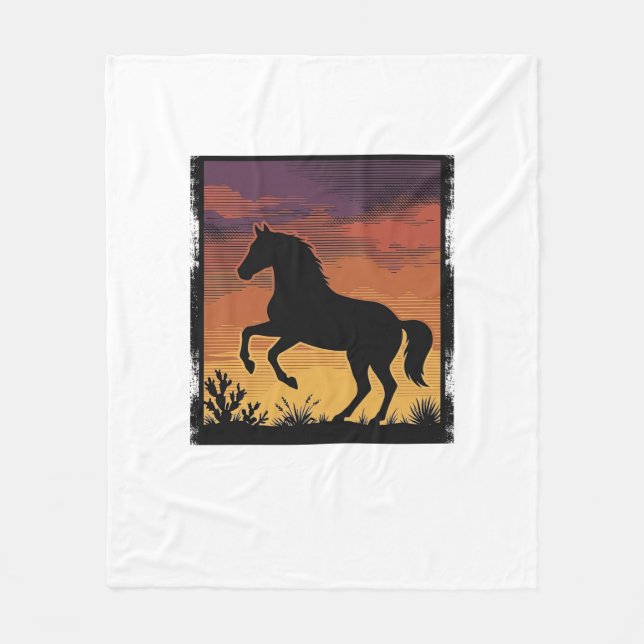 Couverture Polaire Gravure occidentale silhouette de cheval au couche (Devant)