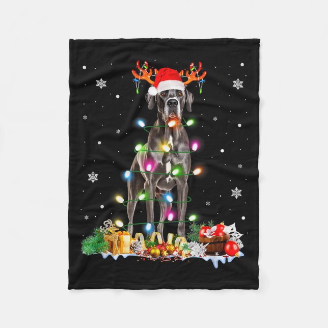 Couverture Polaire Great Dane Christmas Santa Hat Fairy Lights Pajama (Devant)