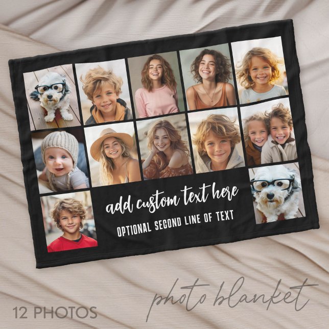 Couverture Polaire Grille de collage de 12 photos - 2 zones de texte  (Photo Blanket - Personalize with Your Photos)