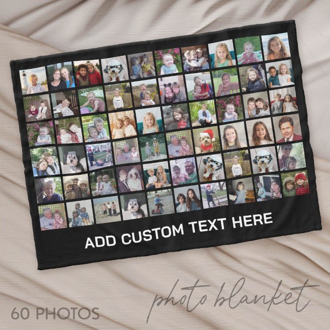 Couverture Polaire Grille de collage photo 60 - Noir avec texte blanc (Photo Blanket - Custom Pictures in a Collage)