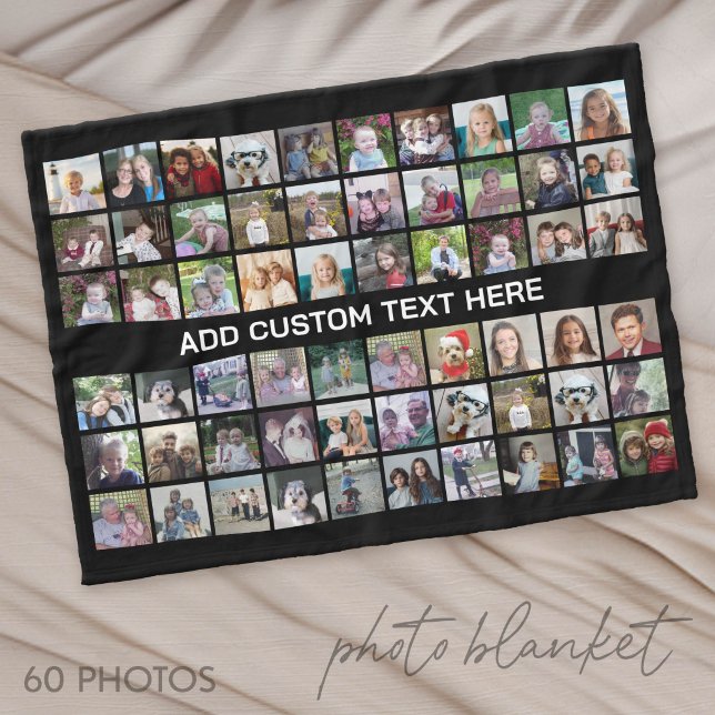 Couverture Polaire Grille de collage photo 60 - Noir avec texte blanc (Photo Blanket - Custom Pictures in a Collage)