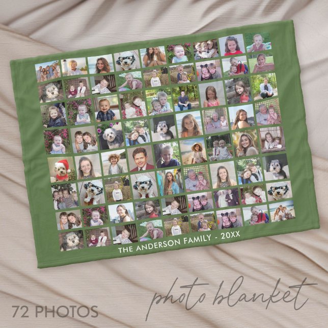 Couverture Polaire Grille de collage photo 72 avec texte - vert (Photo Blanket - Custom Pictures in a Collage)