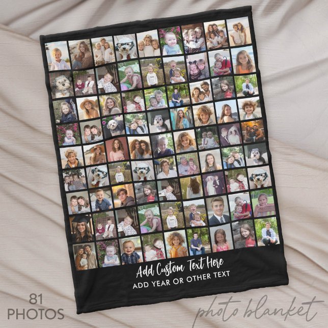 Couverture Polaire Grille de collage photo 81 avec texte - noir (Custom Photo Blankets)