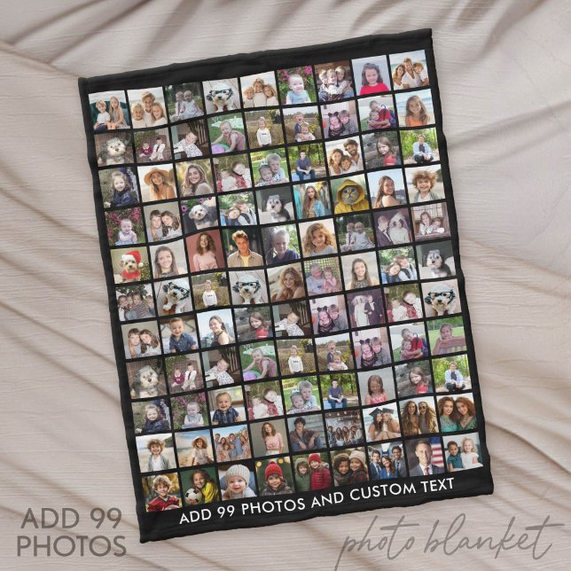 Couverture Polaire Grille de collage photo 99 avec texte - noir (Custom Fleece Blanket with Photo Collage)