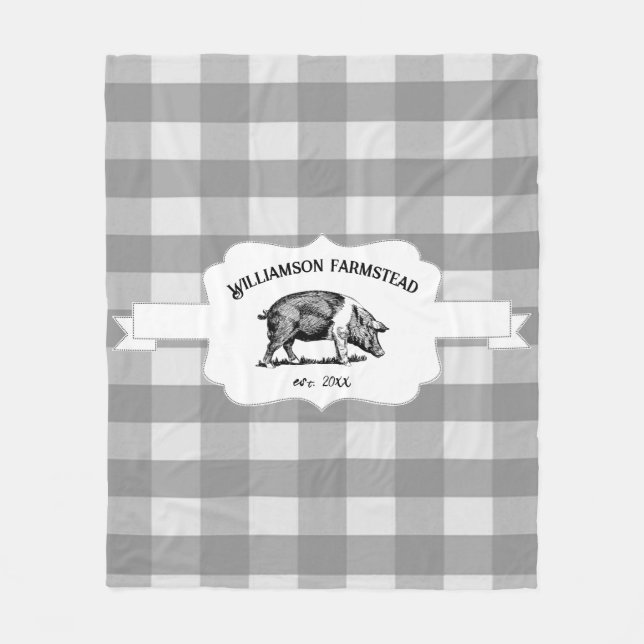 Couverture Polaire Gris Buffalo Plaid Farm Pig Fleece Blanche (Devant)