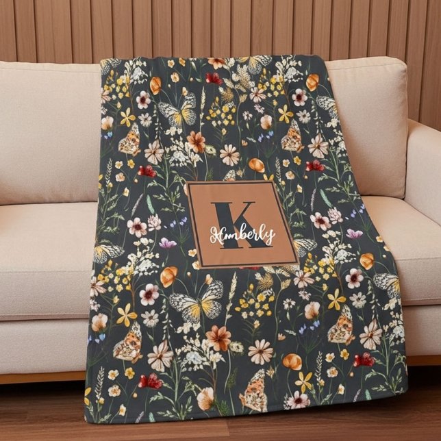 Couverture Polaire Gris Charbon Boho Floral Monogrammé (Créateur téléchargé)