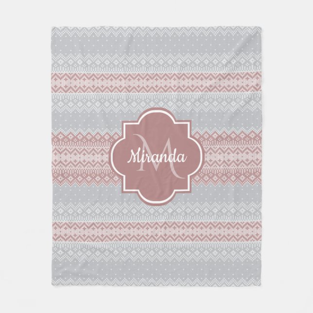 Couverture Polaire Gris chic et rose cinglé rayures et monogramme (Devant)