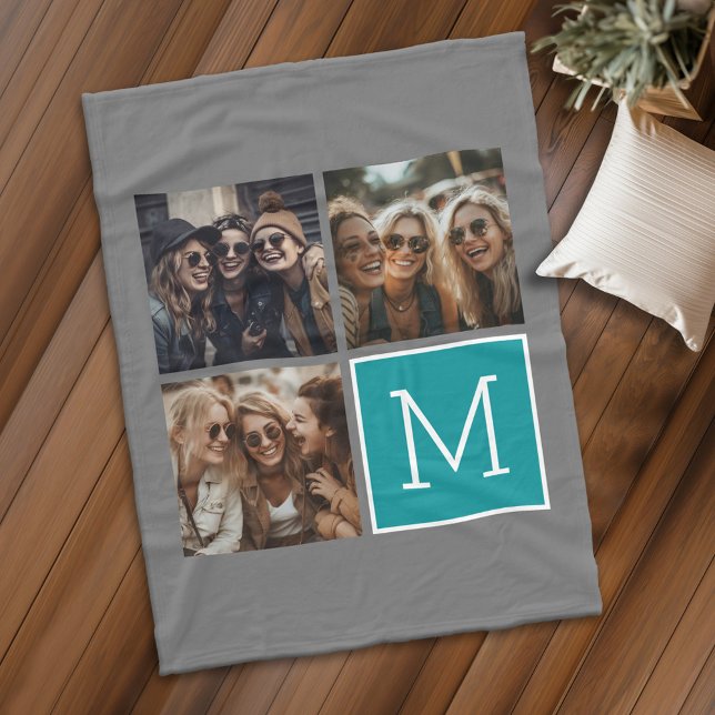 Couverture Polaire Gris et Carré Turquoise 3 Photo Collage Monogramme (Personalized fleece blanket with 3 photos and custom text - Makes a great Gift)