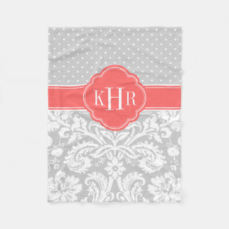 Couverture Polaire Gris et corail Damas Pois Monogramme