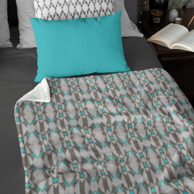 Couverture Polaire Gris Taupe Aqua Turquoise Blue Tribal Art Motif (Créateur téléchargé)