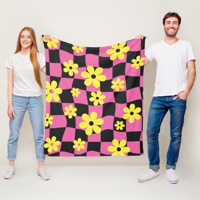 Couverture Polaire Groovy Daisy Floral Damier, Y2K 90s   (En situation)