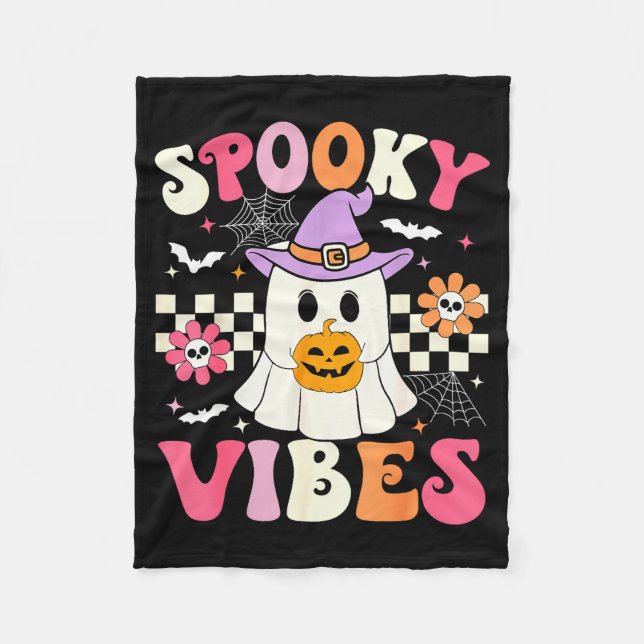 Couverture Polaire Groovy Soky Vibes Retro Ghost Holding Pumpkin Hall (Devant)